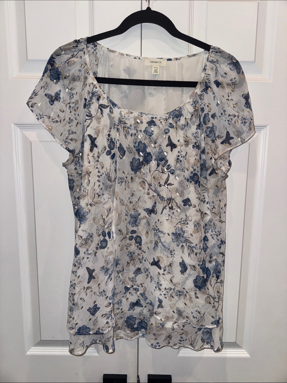 Tamara H Cream Floral & Blue Butterfly Scoop Neck Blouse size xl d8